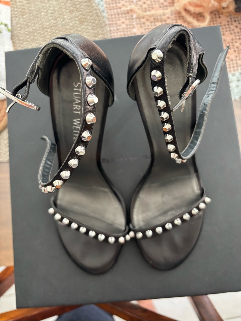 Stuart Weitzman Black Studded Ankle-Strap Sandals